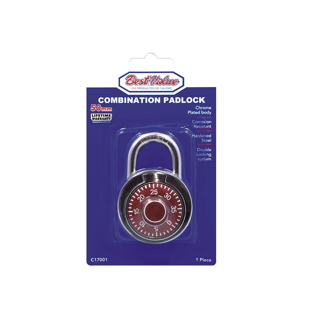 Candado bestvalue combinacion (blister). Rojo / azul cromado. 76mm