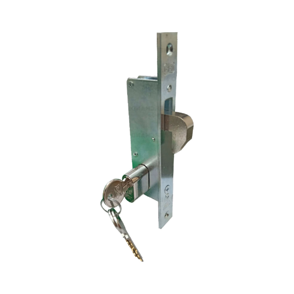 Cerradura para puerta metal con stricke y cilindro ff. Niquel. 53 mm