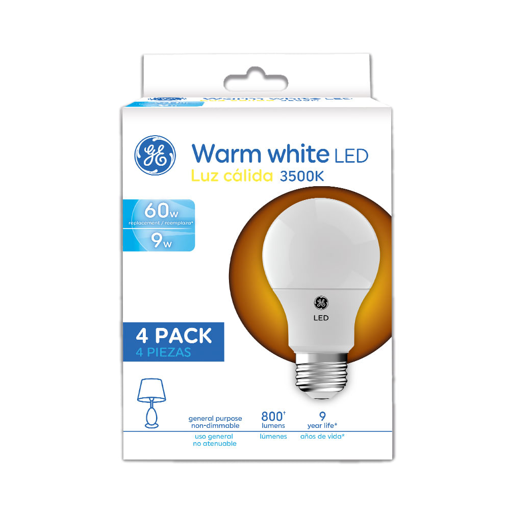 Led ge 10w a19 3500k 800lm ul 4 pack. Luz calida.