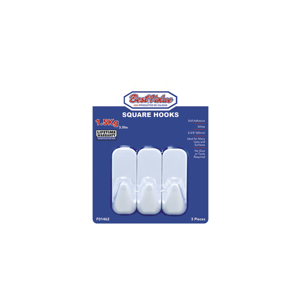 Ganchos con adhesivo cuad 2-3/8 (3pzas). Blanco. 2-3/8(60mm)