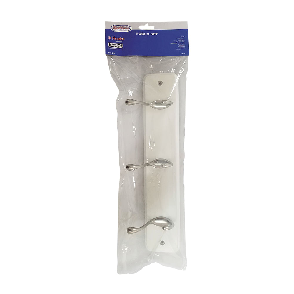 Juego d/ganchos niquel con madera blanca. Base blanca - ganchos acabado niquelado. 13 x 2. 75