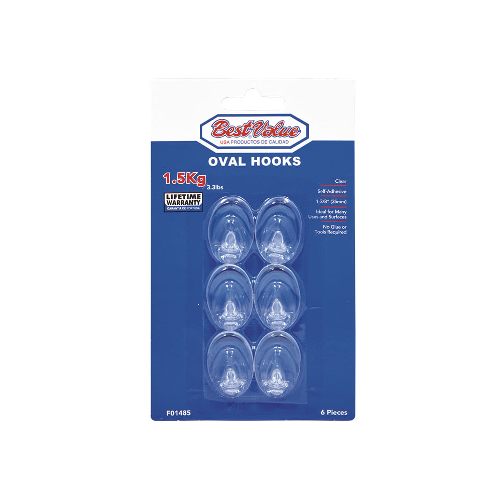 Ganchos con adhesivo oval 1-3/8 transp (6pzas). Transparente.