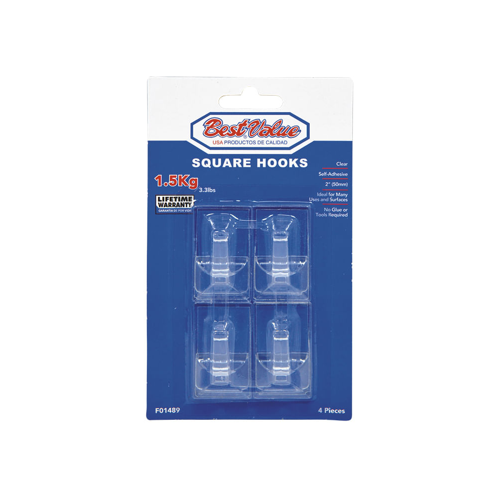 Ganchos con adhesivo cuad 2 transp (4pzas). Transparente.