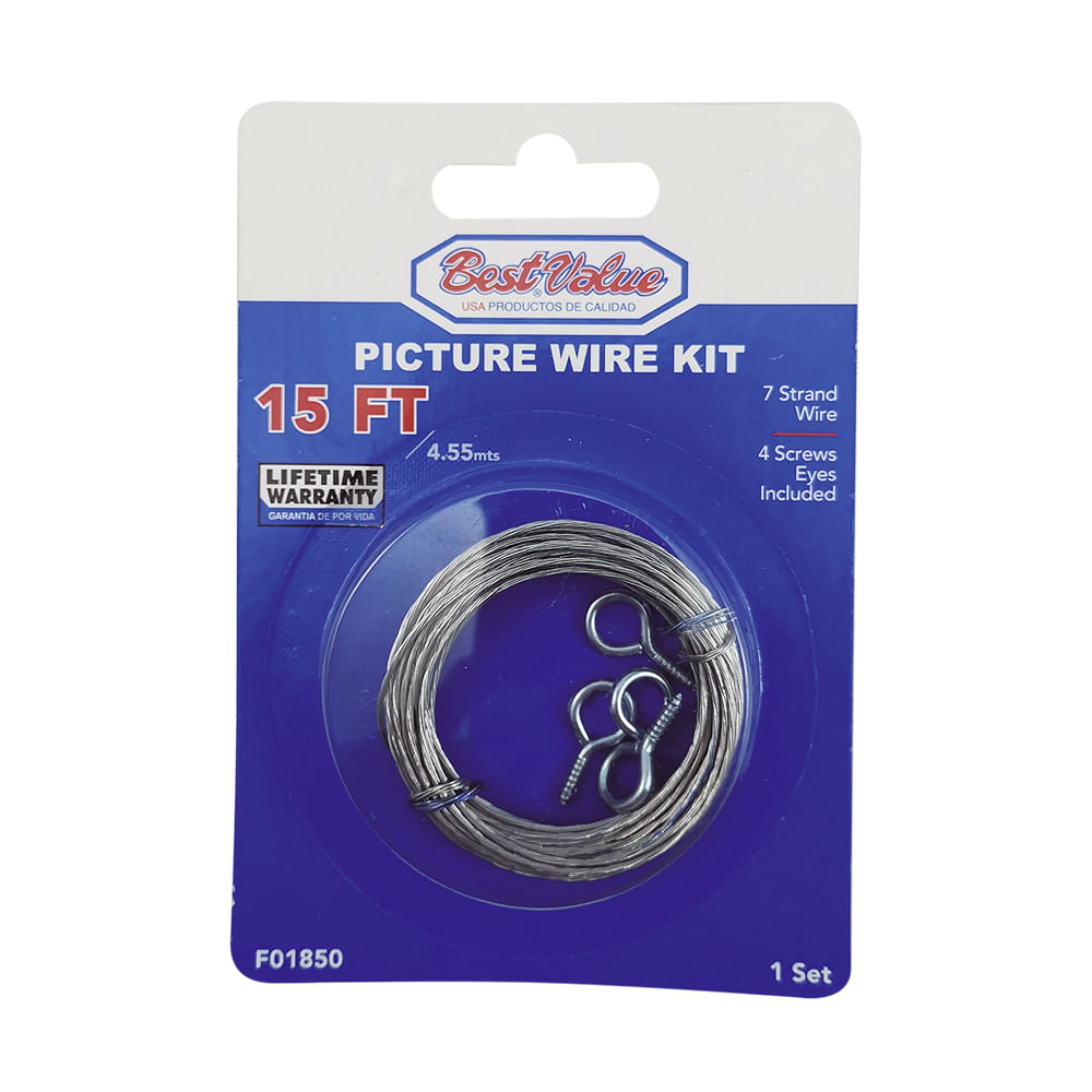 Kit para colgar cuadro (alambre 15'). Plateado. 15 pies