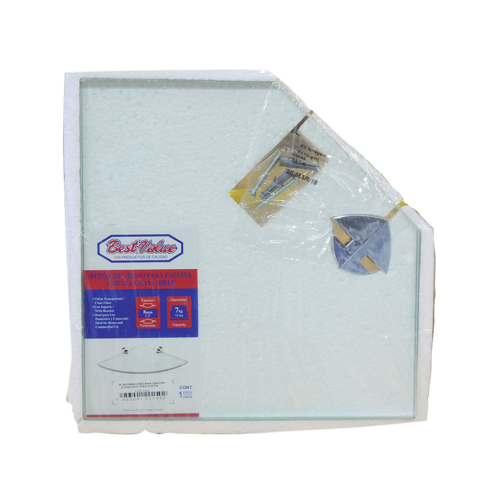 Esquinero vidrio recorte 0. 8x25x25cm con s cromo