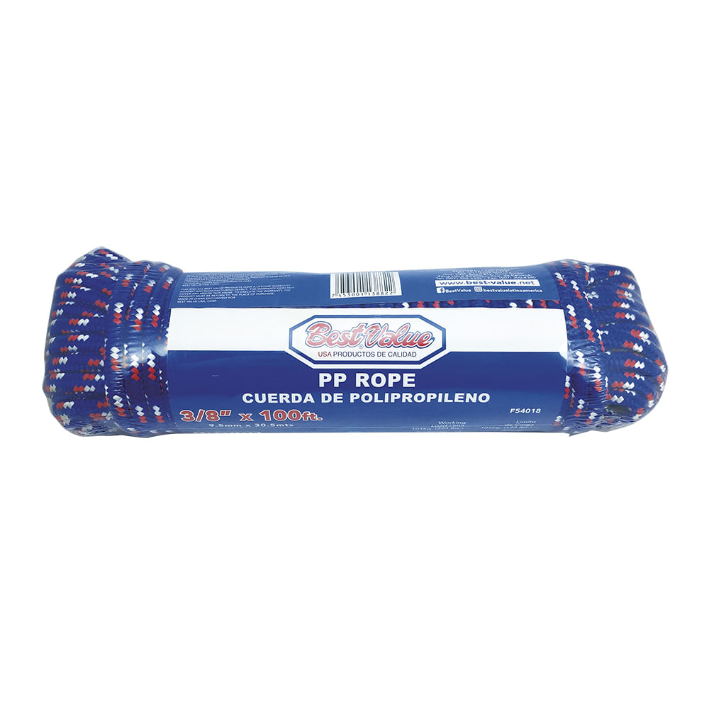 Soga de polypropileno trenzada 3/8 x 100'. Azul. 3/8x100ft