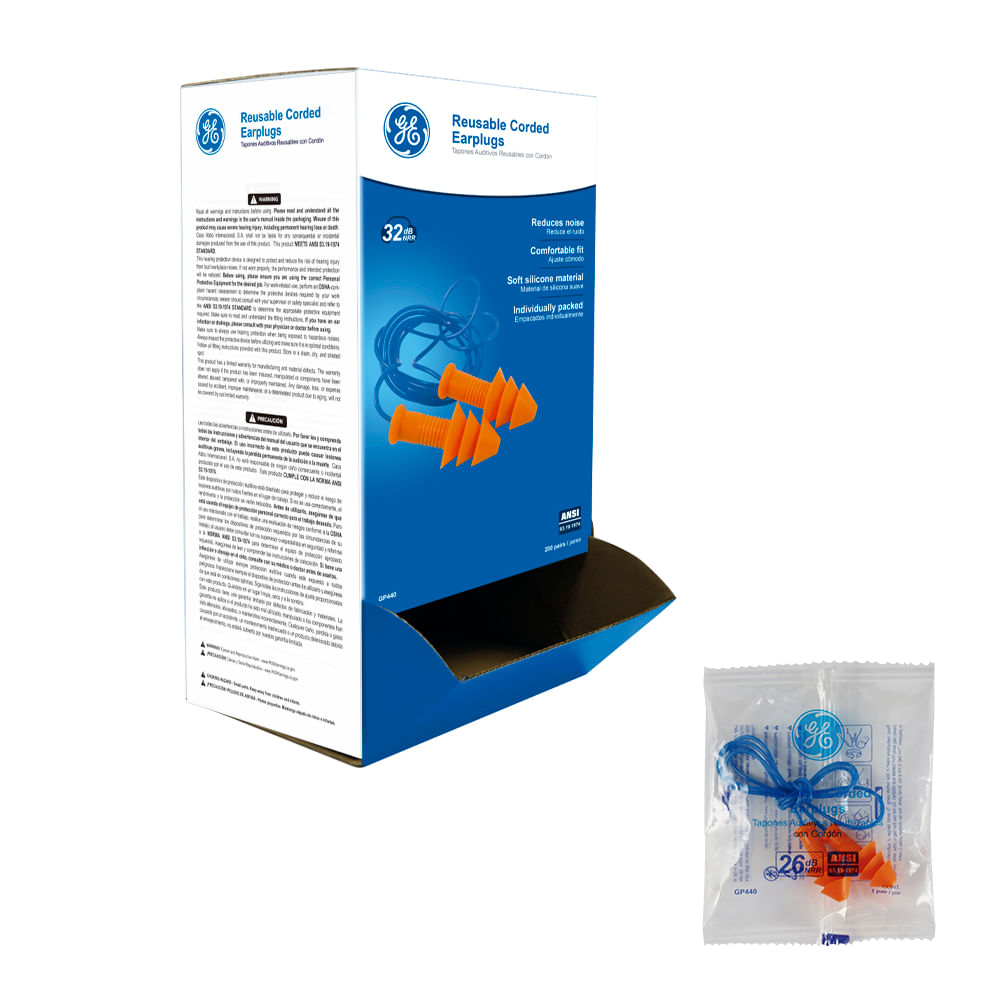 Tapones auditivos cable reusables 100 pares 26 db ge. - con cordon.