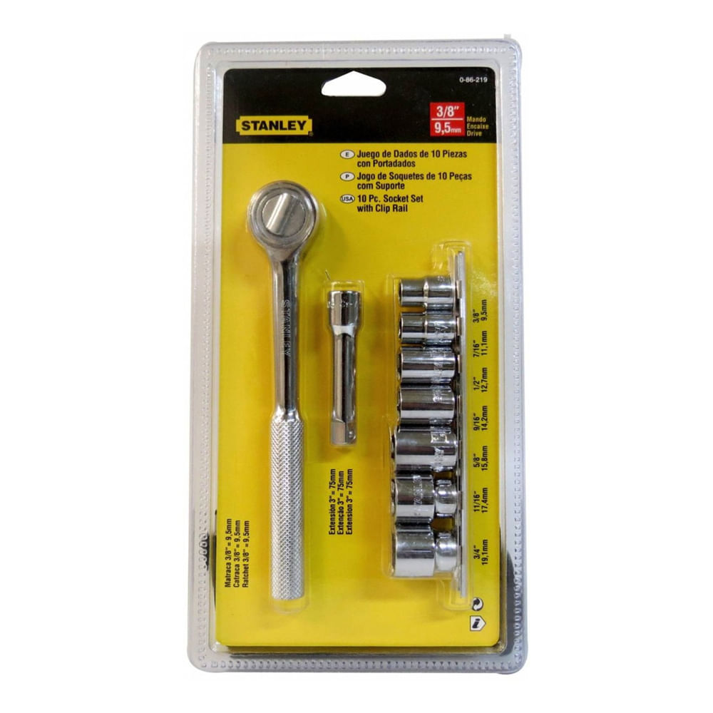 Juego socket stanley 3/8 9pcs 3/8-3/4. Cromo vanadio. 10 piezas