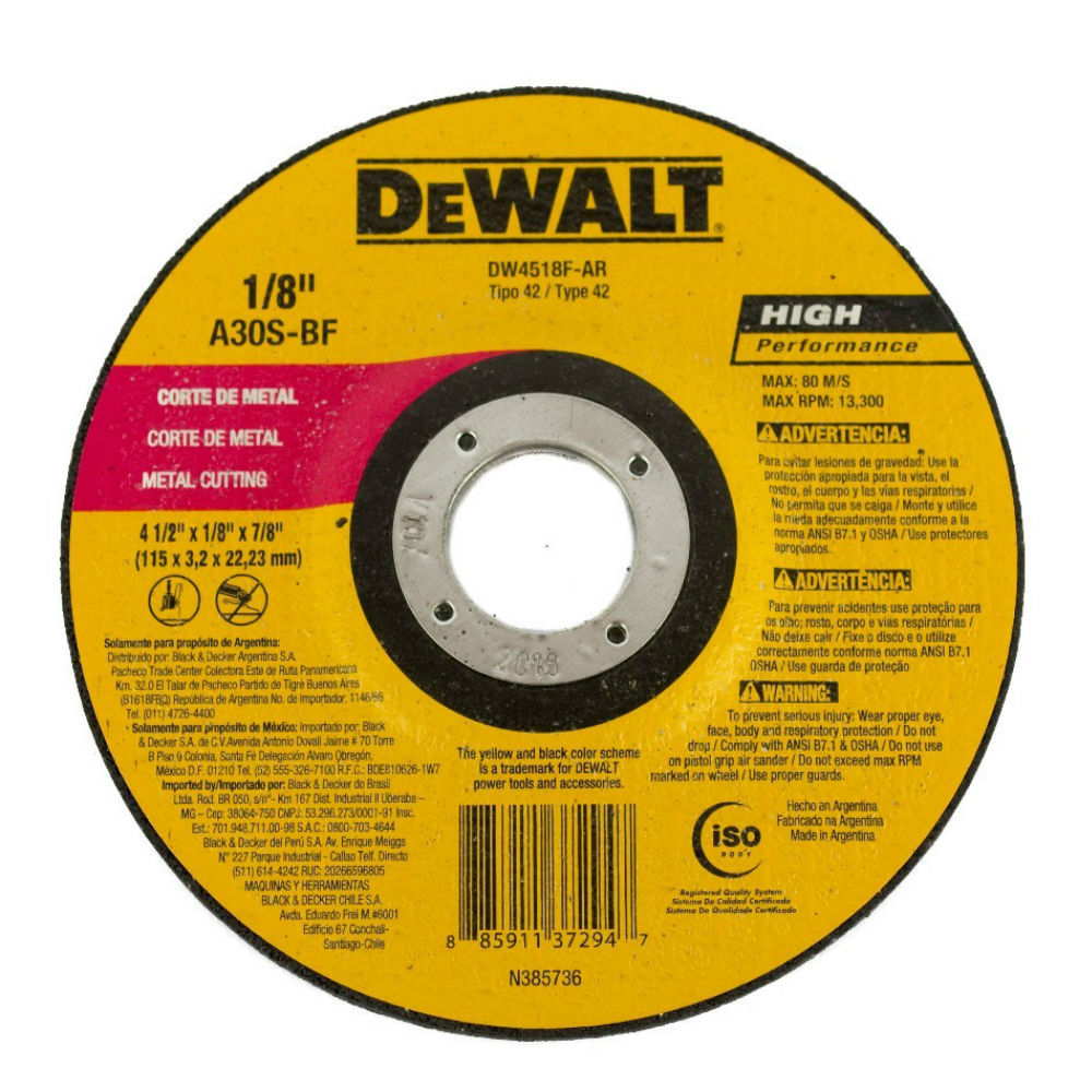 Disco corte metal dw 4-1/2x1/8 dw4518f. Gano oxido de aluminio. 4-1/2x 1/8