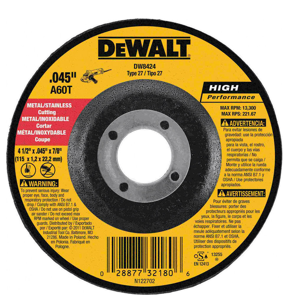Disco corte metal 4-1/2x0. 045 dw8424. Gano oxido de aluminio. 4-1/2 x 0.