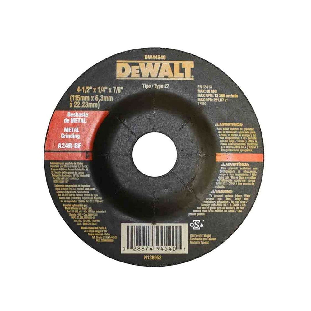 Disco desbaste metal 4-1/2x1/4 dw44540. Gano oxido de aluminio. 4-1/2 x 1/4