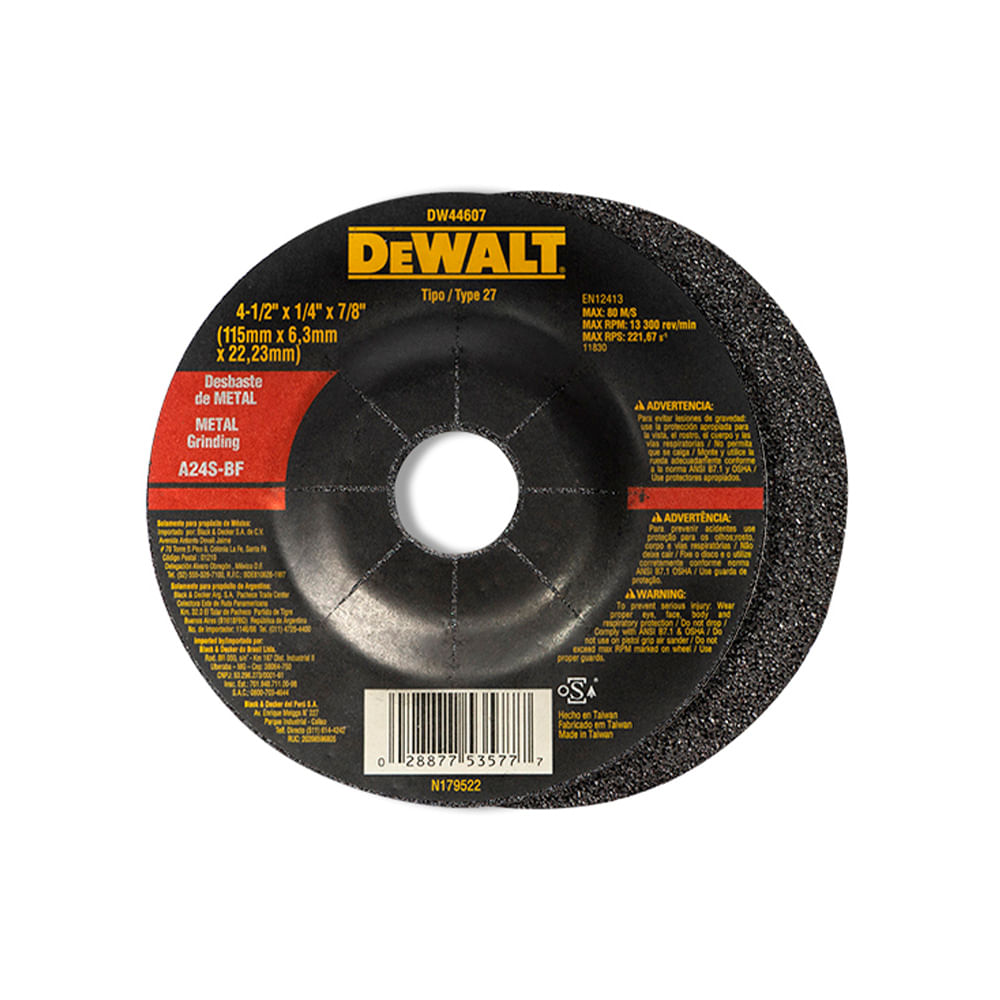 Disco desbaste metal 4-1/2x1/4 dw44540. Gano oxido de aluminio. 4-1/2 x 1/4