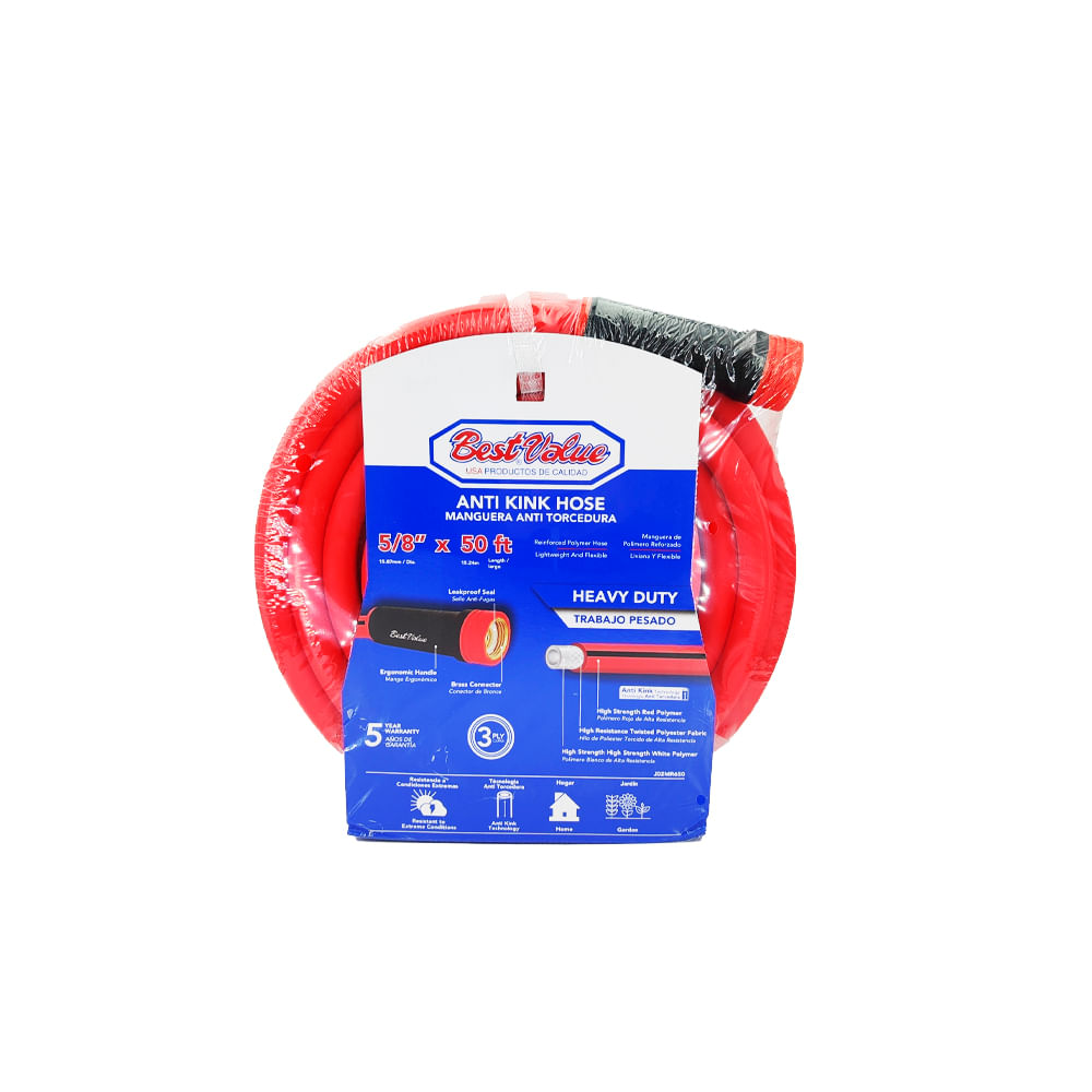 Manguera antitorcedura 5/8 x 50' 3 capas. Rojo. 50 pies