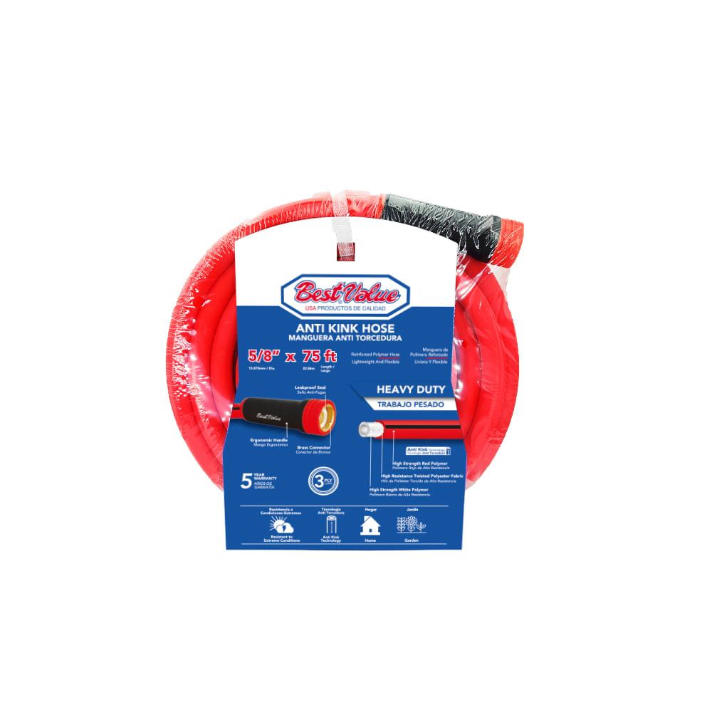 Manguera antitorcedura 5/8 x 75' 3 capas. Rojo. 75 pies