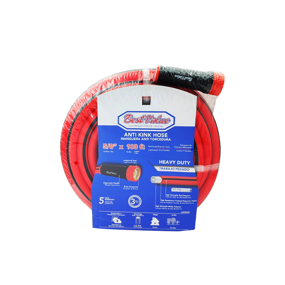 Manguera antitorcedura 5/8 x 100' 3 capas. Rojo. 100 pies
