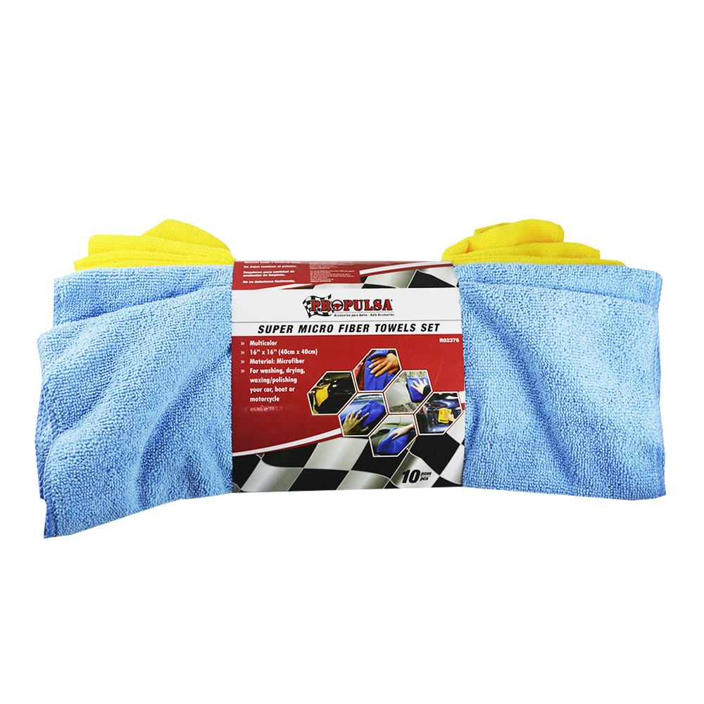 Juego. Toalla de microfibra (10 pzas). Amarillo/azul. 16 x